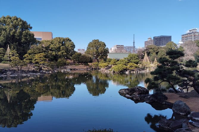 Tokyo Kiyosumi Garden Tour Stonework Pond and Sky Tree Views - Key Points