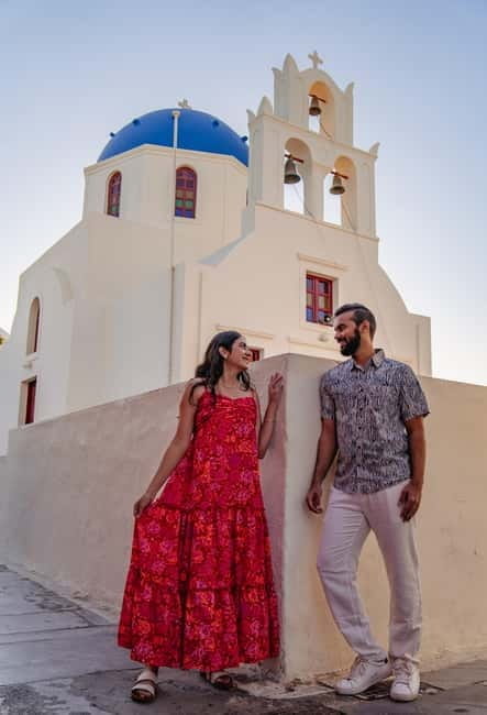 Oia: Couple Photoshoot Seprate Entrance to Blue Dome - Practical Tips for Your Photoshoot