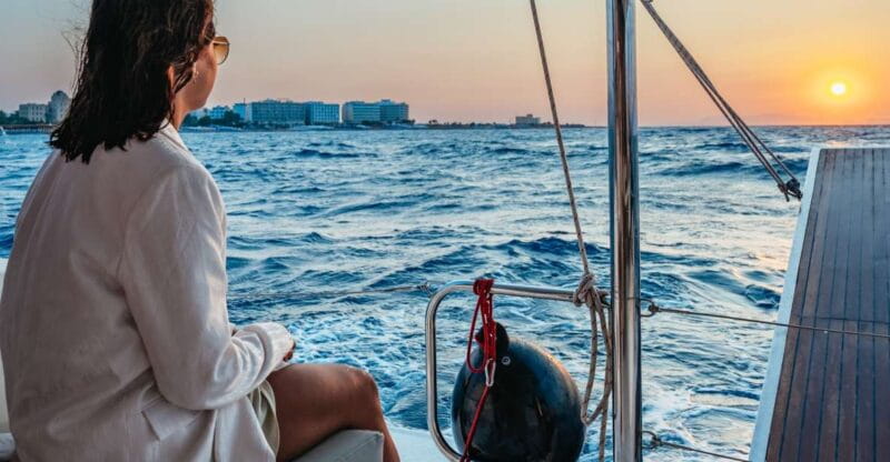 Rhodes: Sunset Catamaran Cruise with Dinner Buffet & Drinks - Swimming and Snorkeling at Kalithea Bay